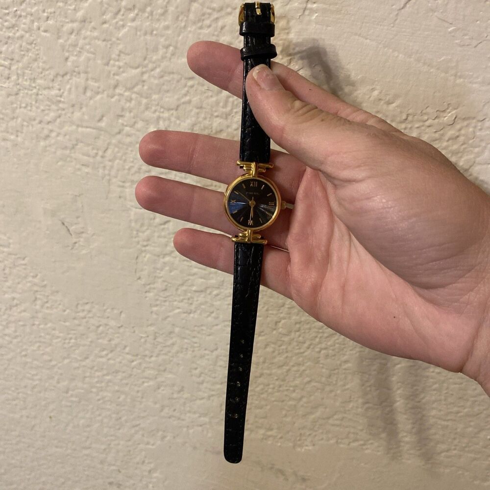 Fossil Watch Women Gold Stainless Steel Black Leather